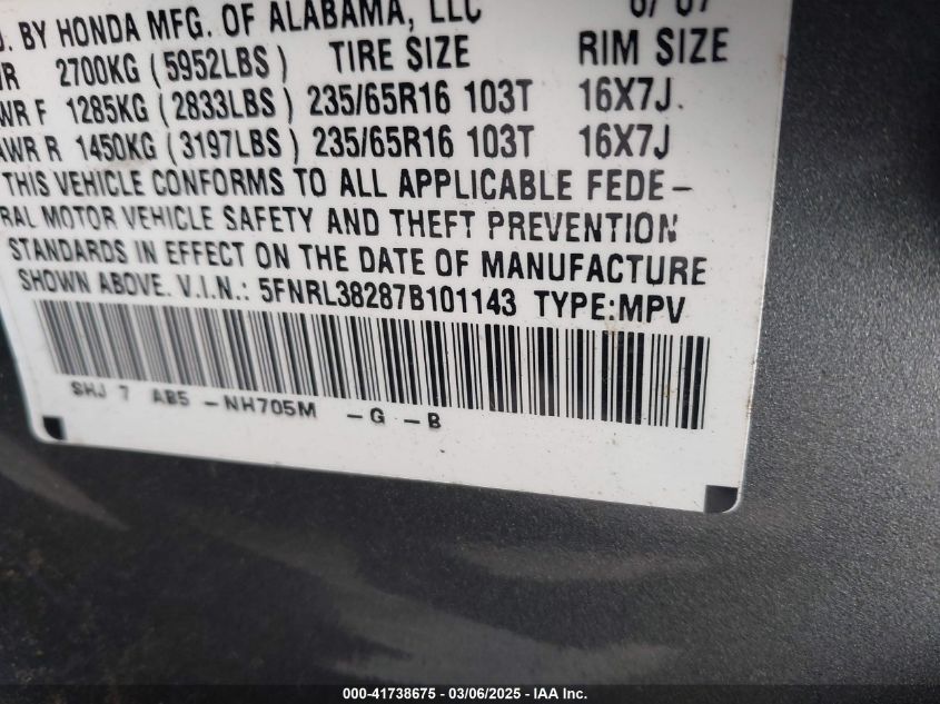 2007 Honda Odyssey Lx VIN: 5FNRL38287B101143 Lot: 41738675