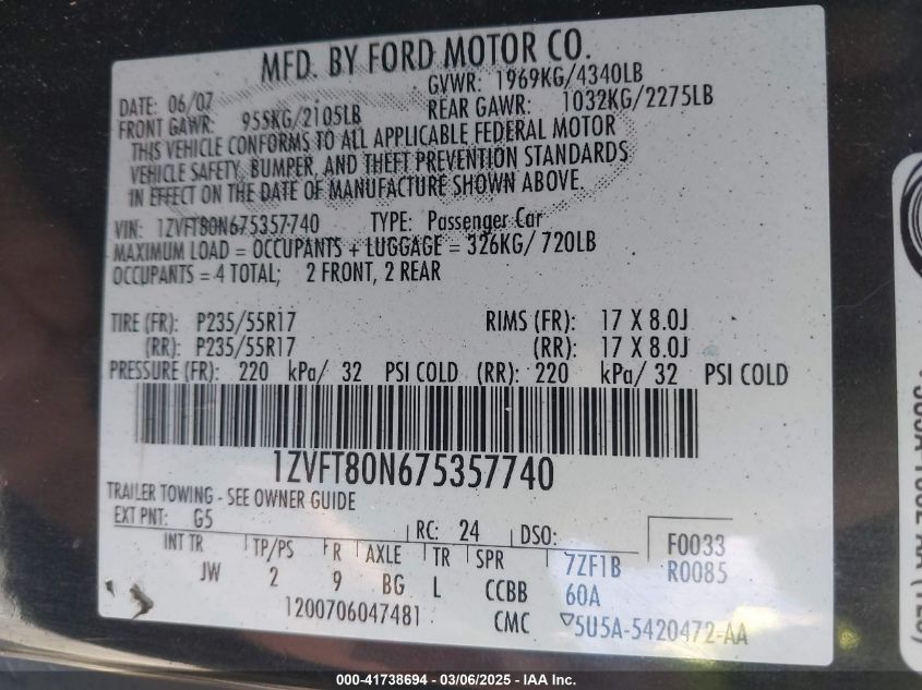 2007 Ford Mustang V6 Deluxe/V6 Premium VIN: 1ZVFT80N675357740 Lot: 41738694