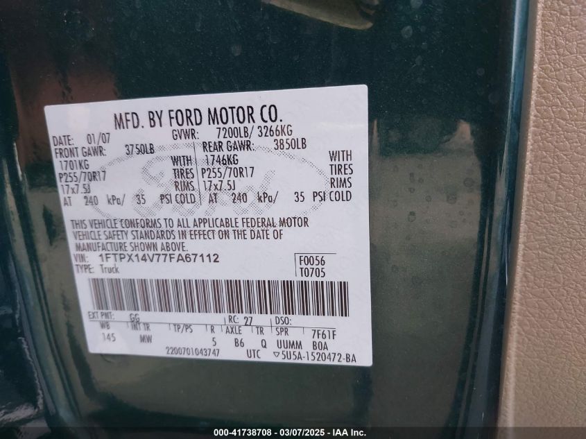 2007 Ford F-150 Fx4/Lariat/Xl/Xlt VIN: 1FTPX14V77FA67112 Lot: 41738708