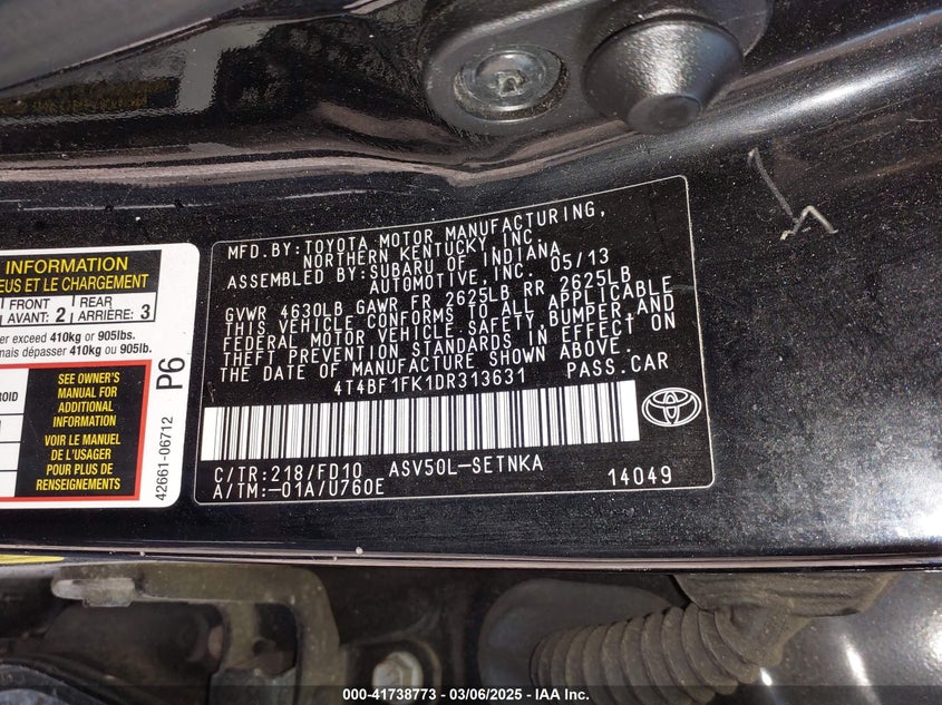 2013 TOYOTA CAMRY VIN: 4T4BF1FK1DR313631