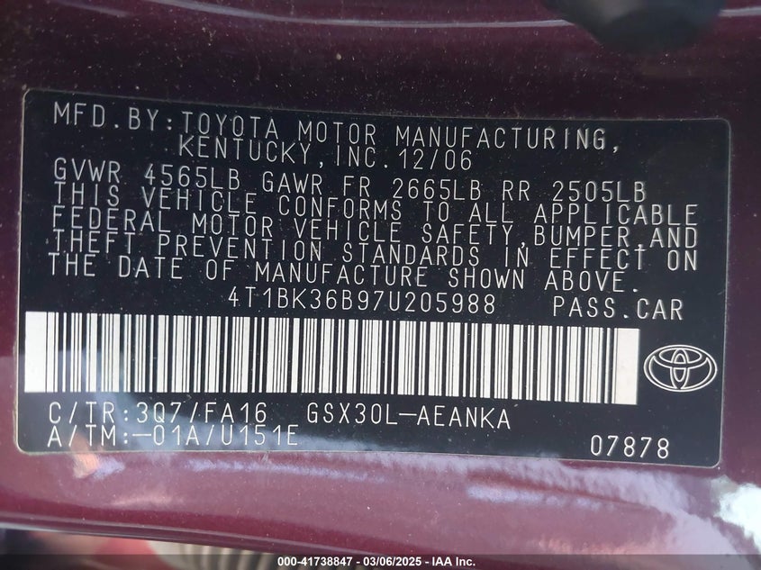 2007 TOYOTA AVALON VIN: 4T1BK36B97U205988