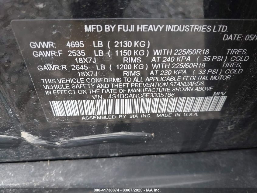 2015 Subaru Outback 2.5I Limited VIN: 4S4BSANC5F3335186 Lot: 41738874