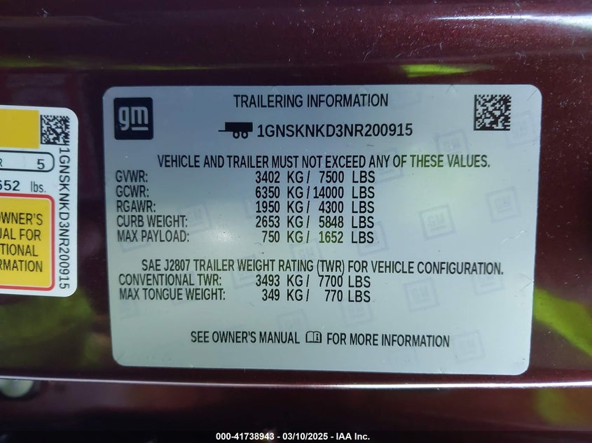 2022 CHEVROLET TAHOE VIN: 1GNSKNKD3NR200915