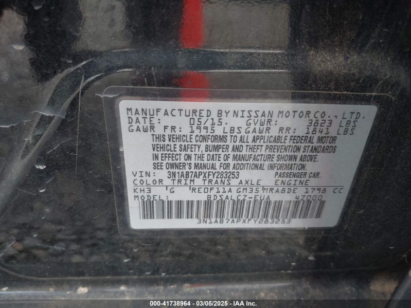 2015 Nissan Sentra S VIN: 3N1AB7APXFY283253 Lot: 41738964