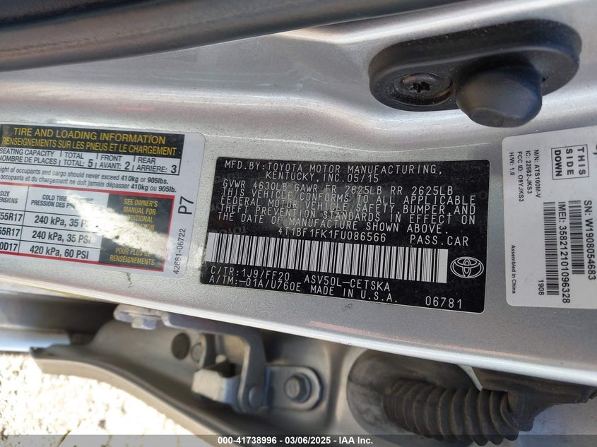 2015 TOYOTA CAMRY VIN: 4T1BF1FK1FU086566