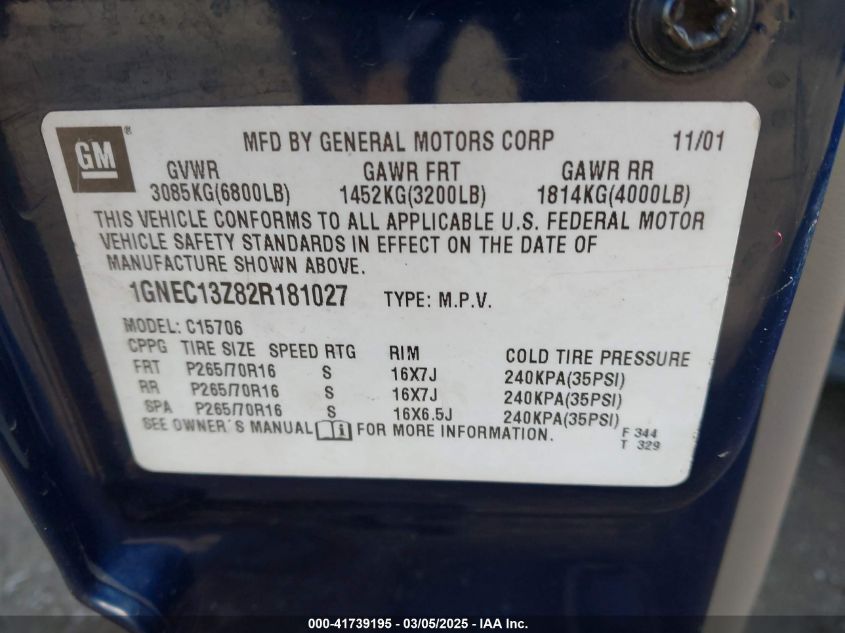 2002 Chevrolet Tahoe Lt VIN: 1GNEC13Z82R181027 Lot: 41739195