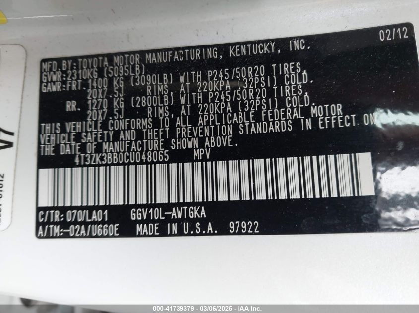 2012 Toyota Venza Limited V6 VIN: 4T3ZK3BB0CU048065 Lot: 41739379