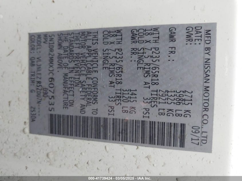 2018 Nissan Pathfinder Sv VIN: 5N1DR2MMXJC607535 Lot: 41739424