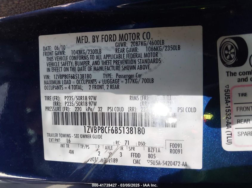 2011 Ford Mustang Gt Premium VIN: 1ZVBP8CF6B5138180 Lot: 41739427