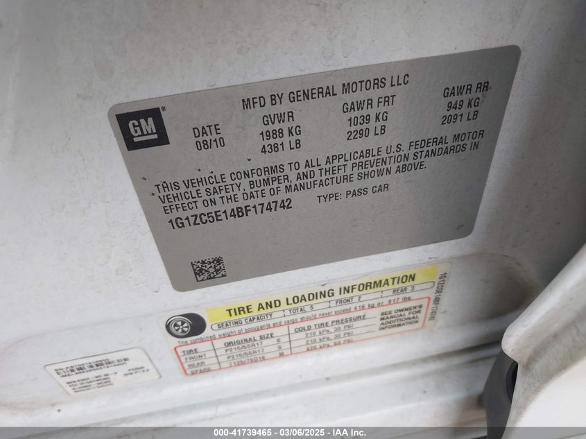 2011 CHEVROLET MALIBU VIN: 1G1ZC5E14BF174742