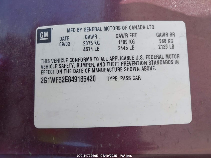 2004 Chevrolet Impala VIN: 2G1WF52E849185420 Lot: 41739605