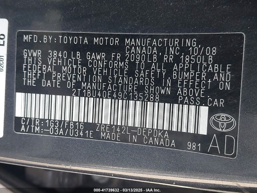 2009 Toyota Corolla Le VIN: 2T1BU40E49C135288 Lot: 41739632