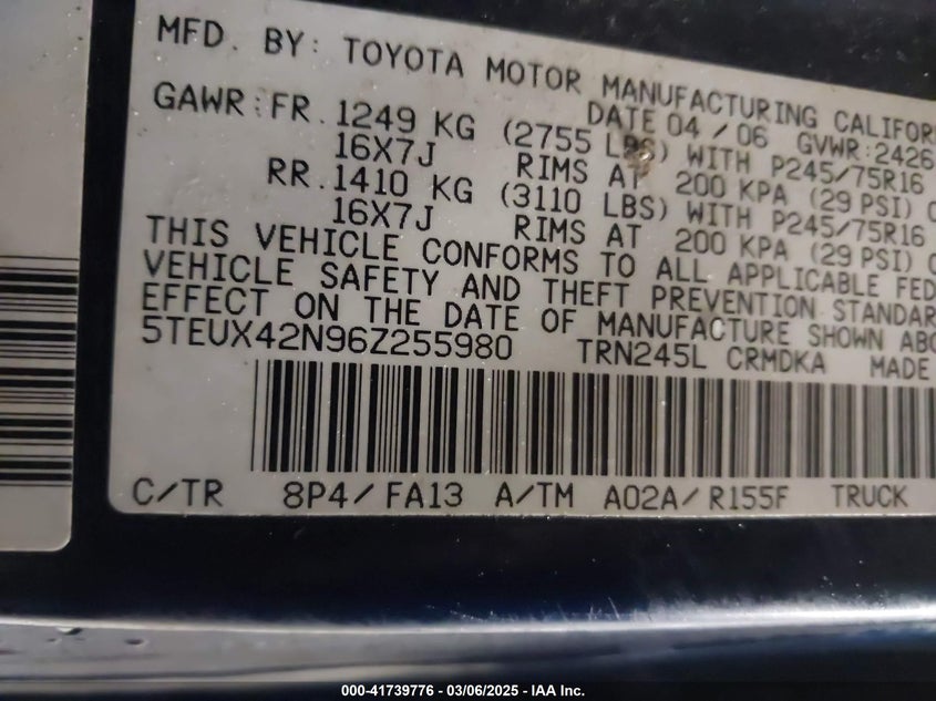 2006 Toyota Tacoma VIN: 5TEUX42N96Z255980 Lot: 41739776