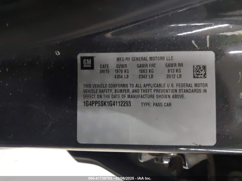 2016 BUICK VERANO VIN: 1G4PP5SK1G4112293
