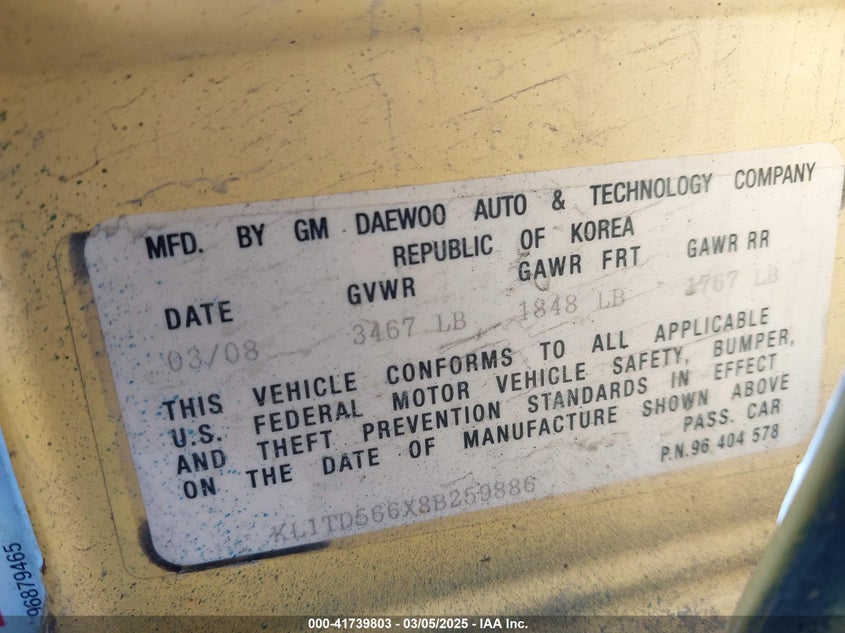 2008 CHEVROLET AVEO VIN: KL1TD566X8B259886