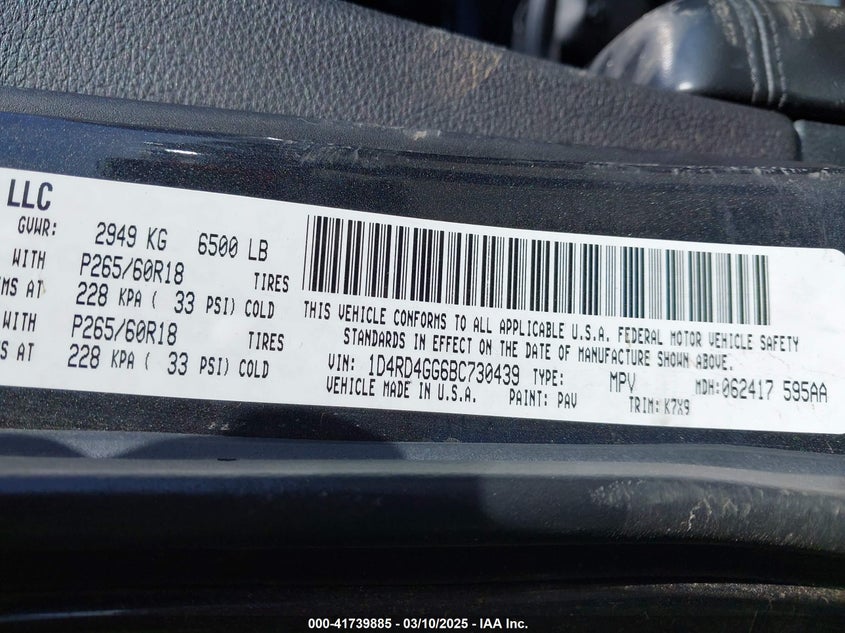 2011 DODGE DURANGO VIN: 1D4RD4GG6BC730439