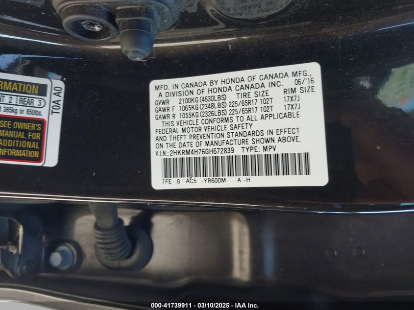 2016 HONDA CR-V VIN: 2HKRM4H76GH672839