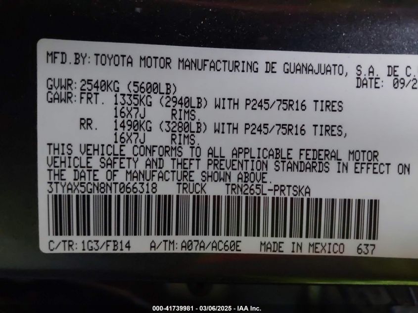 2022 Toyota Tacoma Sr VIN: 3TYAX5GN8NT066318 Lot: 41739981