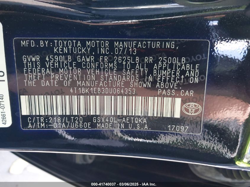 2013 Toyota Avalon Xle Touring VIN: 4T1BK1EB3DU064353 Lot: 41740037