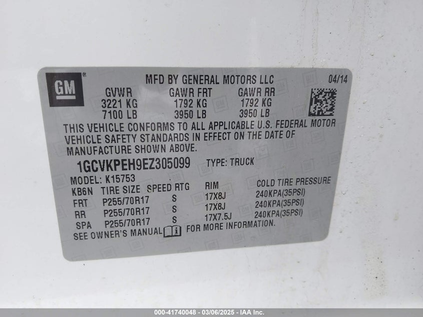 2014 CHEVROLET SILVERADO 1500 VIN: 1GCVKPEH9EZ305099