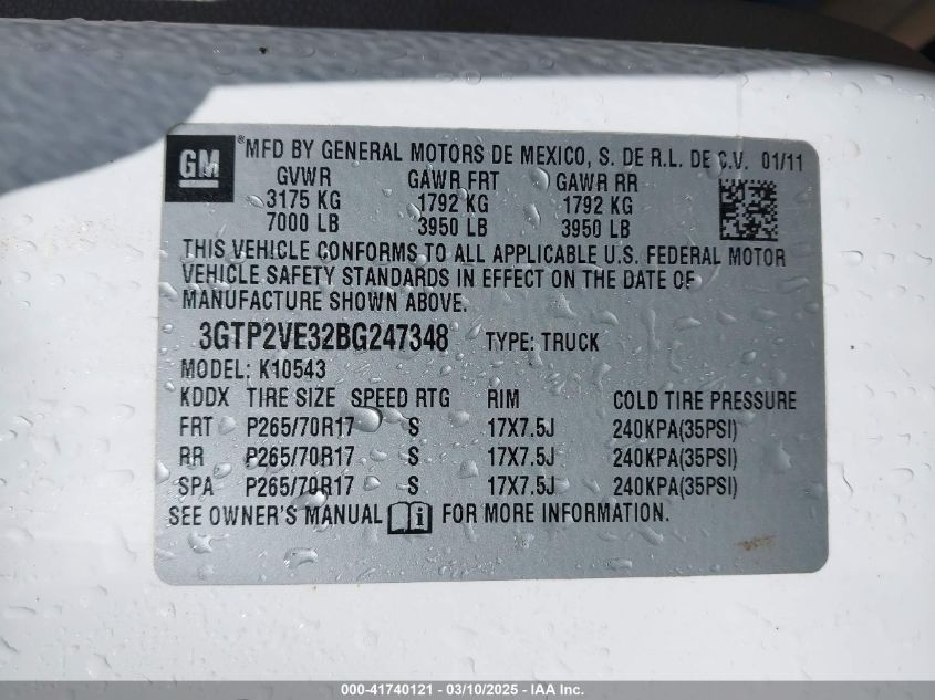 2011 GMC Sierra 1500 Sle VIN: 3GTP2VE32BG247348 Lot: 41740121