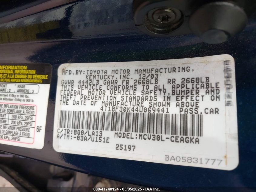 2004 Toyota Camry Xle V6 VIN: 4T1BF30K44U069441 Lot: 41740124