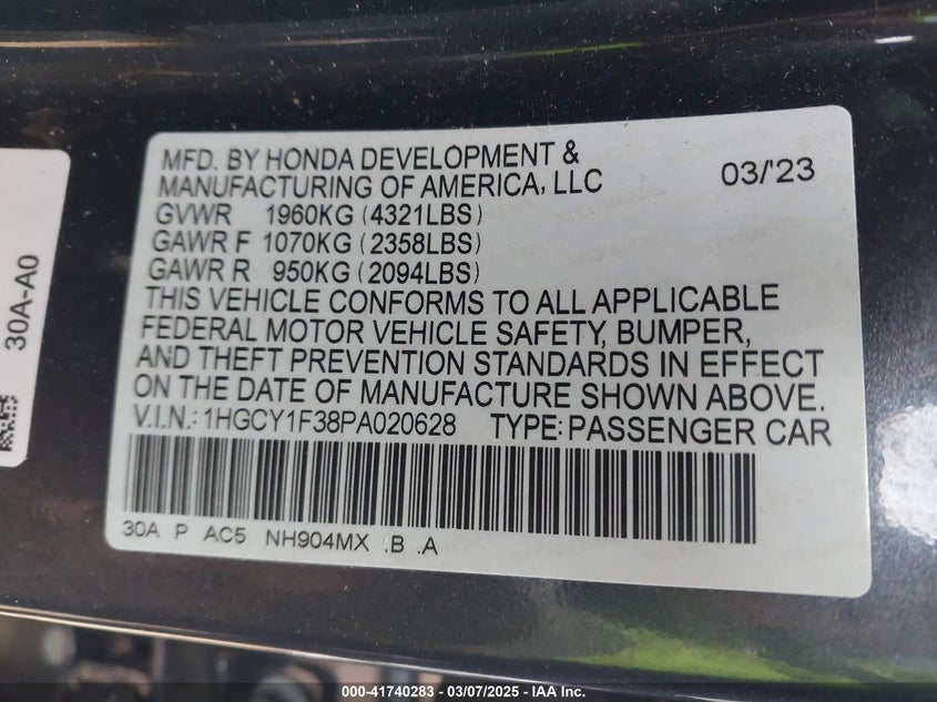 2023 HONDA ACCORD VIN: 1HGCY1F38PA020628