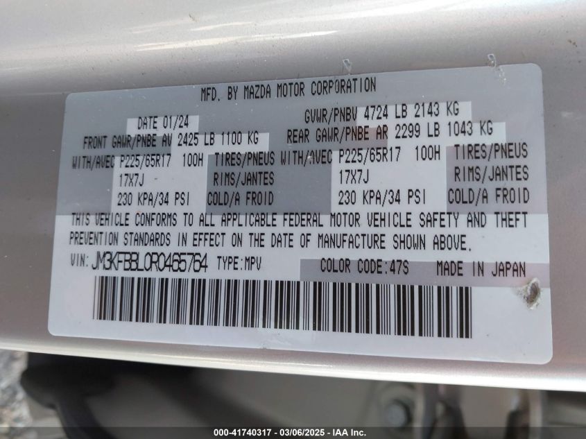 2024 Mazda Cx-5 2.5 S Select VIN: JM3KFBBL0R0465764 Lot: 41740317