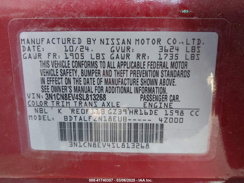 2025 Nissan Versa 1.6 Sv VIN: 3N1CN8EV4SL813268 Lot: 41740357