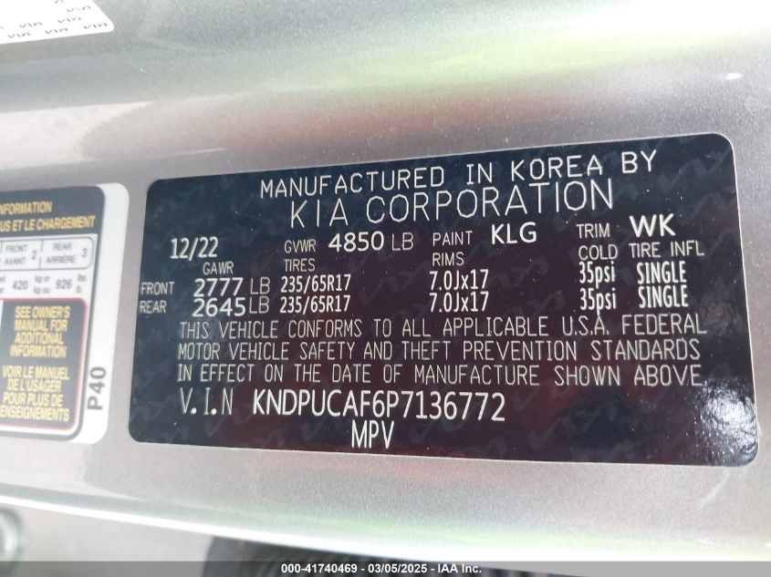 2023 Kia Sportage Lx VIN: KNDPUCAF6P7136772 Lot: 41740469