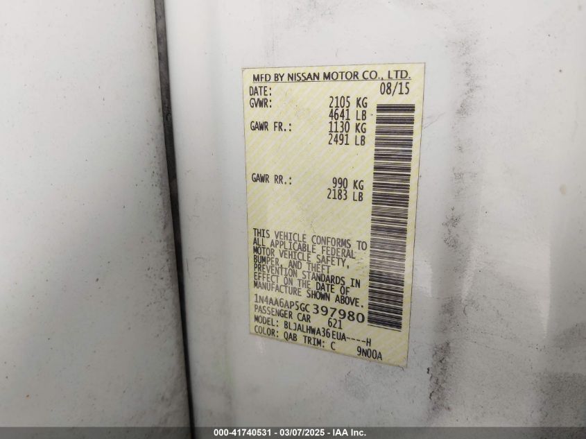 2016 Nissan Maxima 3.5 Platinum VIN: 1N4AA6AP5GC397980 Lot: 41740531