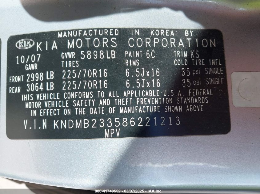 2008 Kia Sedona Lx VIN: KNDMB233586221213 Lot: 41740552