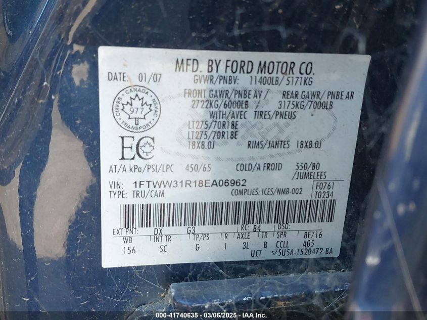 2008 Ford F-350 Fx4/Harley-Davidson/King Ranch/Lariat/Xl/Xlt VIN: 1FTWW31R18EA06962 Lot: 41740635