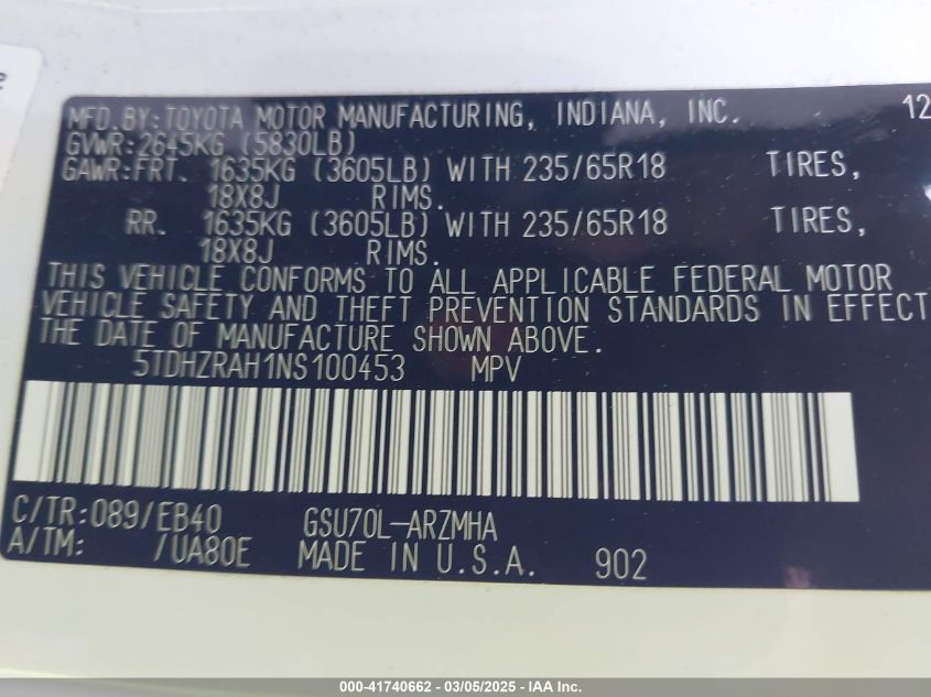 2022 Toyota Highlander Xle VIN: 5TDHZRAH1NS100453 Lot: 41740662