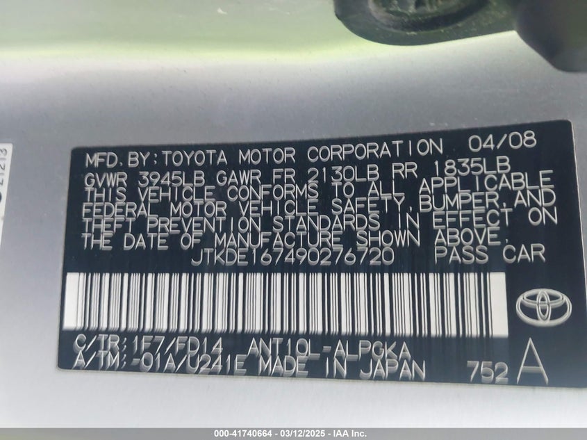2009 SCION TC VIN: JTKDE167490276720
