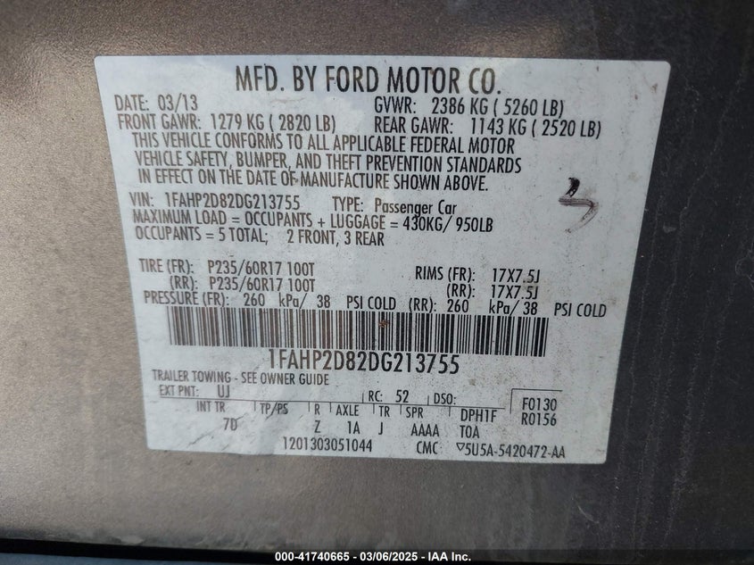 2013 FORD TAURUS VIN: 1FAHP2D82DG213755