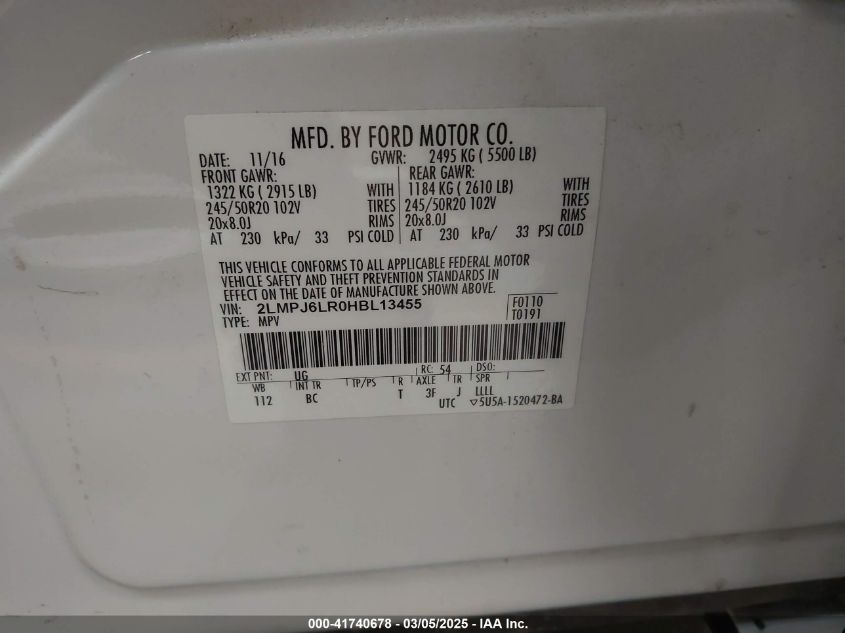 2017 Lincoln Mkx Reserve VIN: 2LMPJ6LR0HBL13455 Lot: 41740678