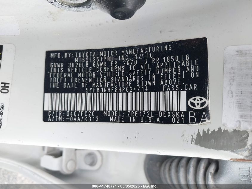 2017 Toyota Corolla Se VIN: 5YFBURHE8HP624714 Lot: 41740771