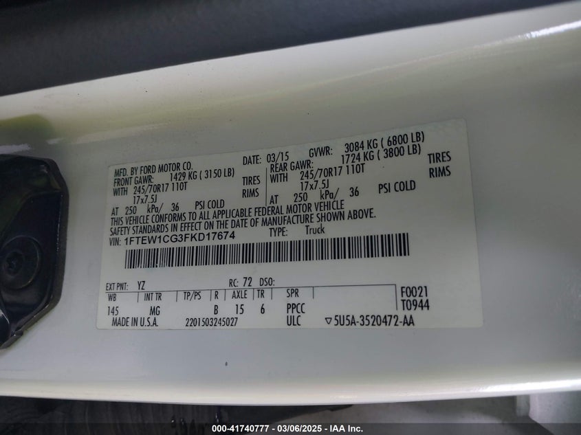 2015 FORD F-150 VIN: 1FTEW1CG3FKD17674
