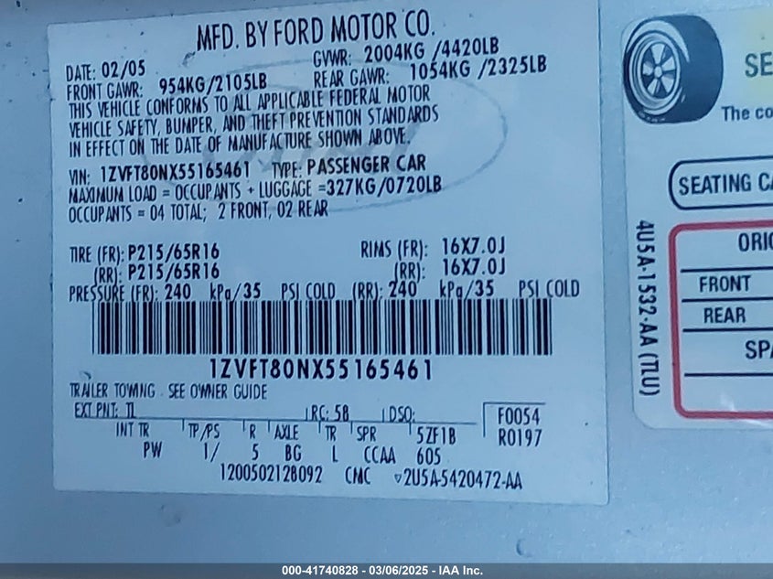 2005 Ford Mustang V6 Deluxe/V6 Premium VIN: 1ZVFT80NX55165461 Lot: 41740828