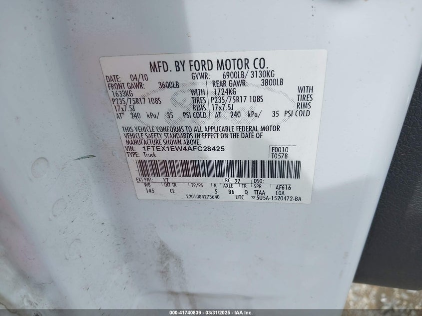 2010 FORD F-150 VIN: 1FTEX1EW4AFC28425