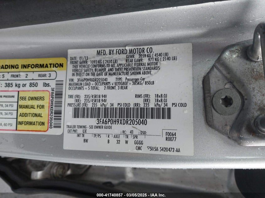 2013 FORD FUSION VIN: 3FA6P0H9XDR205040