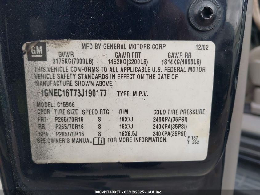 2003 Chevrolet Suburban 1500 Ls VIN: 1GNEC16T73J190177 Lot: 41740937