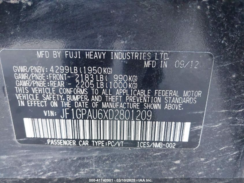 2013 Subaru Impreza 2.0I Sport Limited VIN: JF1GPAU6XD2801209 Lot: 41740981