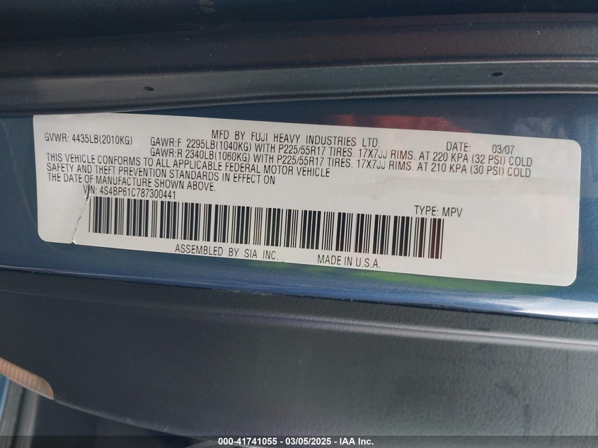 2008 SUBARU OUTBACK VIN: 4S4BP61C787300441