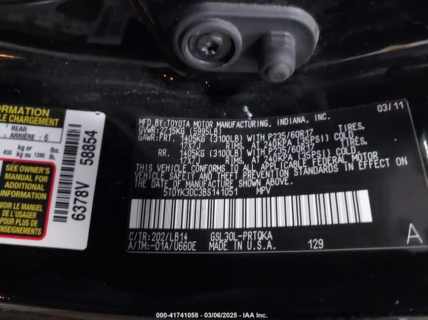 2011 TOYOTA SIENNA VIN: 5TDYK3DC3BS141051