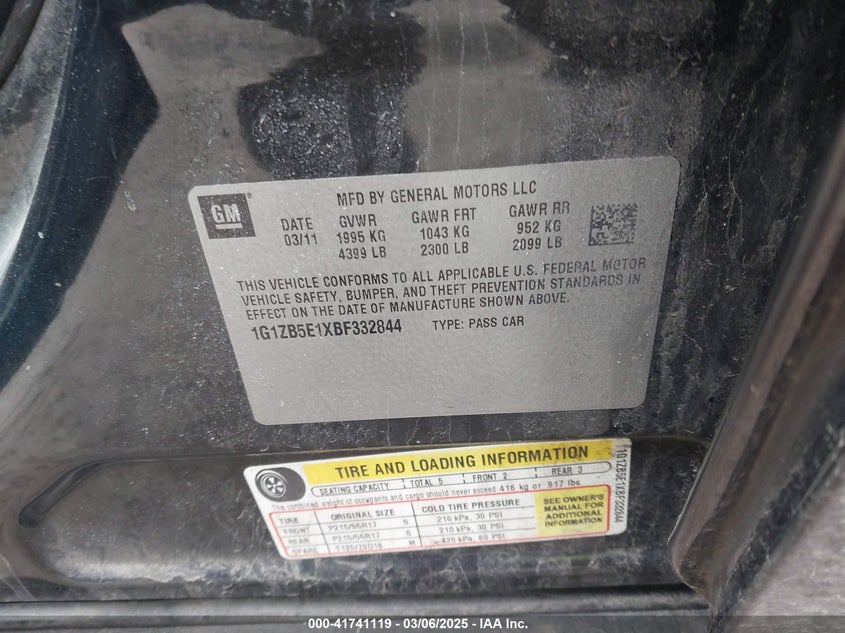 2011 CHEVROLET MALIBU VIN: 1G1ZB5E1XBF332844