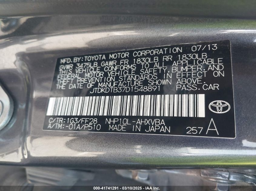 2013 Toyota Prius C Two VIN: JTDKDTB37D1548891 Lot: 41741291