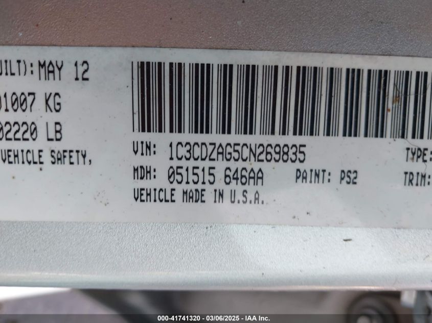 2012 Dodge Avenger Se VIN: 1C3CDZAG5CN269835 Lot: 41741320