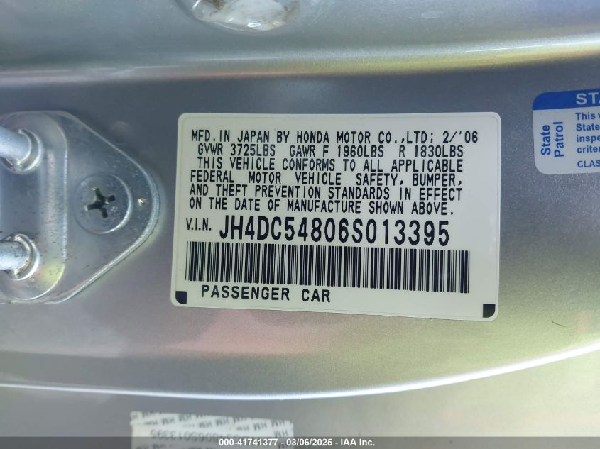 2006 Acura Rsx VIN: JH4DC54806S013395 Lot: 41741377